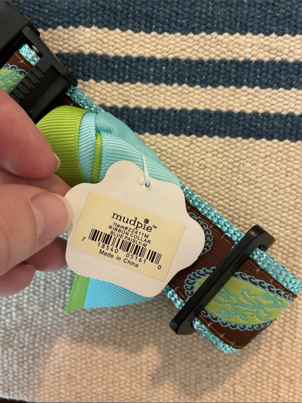 Mud Pie Turquoise and Brown Paisley Dog Collar with Green Bow Accent